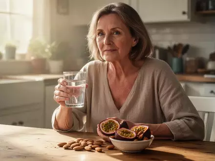 Frau mittleren Alters in einer hellen Küche mit einer Schale voll Passionsfrüchten und Mandeln sowie einem Glas Wasser. - Foto: über boerse-global.de