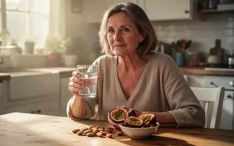 Frau mittleren Alters in einer hellen Küche mit einer Schale voll Passionsfrüchten und Mandeln sowie einem Glas Wasser. - Foto: über boerse-global.de