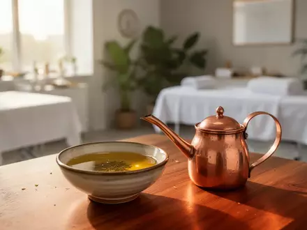 Ein Kupfer-Neti-Kännchen und eine Schale mit ayurvedischem Kräuteröl auf einem Holztisch in einer modernen Praxis. - Foto: über boerse-global.de