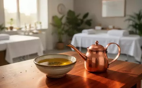 Ein Kupfer-Neti-Kännchen und eine Schale mit ayurvedischem Kräuteröl auf einem Holztisch in einer modernen Praxis. - Foto: über boerse-global.de