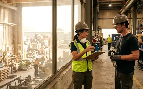 Sicherheitsbeauftragter im Gespräch mit einem Mitarbeiter in einem hellen, sonnendurchfluteten Industriebetrieb. - Foto: über boerse-global.de