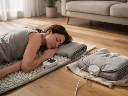 Eine Person entspannt sich auf einer Akupressurmatte neben einem modernen Heizkissen in einem hellen, minimalistischen Raum. - Foto: über boerse-global.de