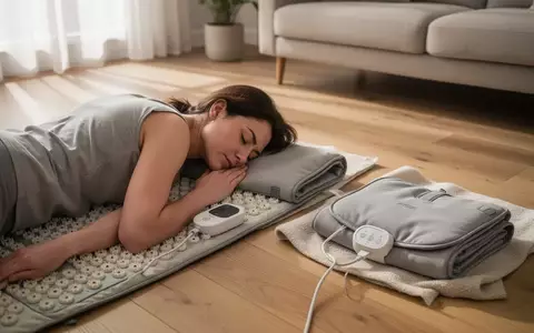 Eine Person entspannt sich auf einer Akupressurmatte neben einem modernen Heizkissen in einem hellen, minimalistischen Raum. - Foto: über boerse-global.de