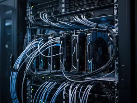 Ein Server-Rack in einem Rechenzentrum mit Fokus auf die Verkabelung von Hochleistungs-Beschleunigerkarten. - Foto: über boerse-global.de