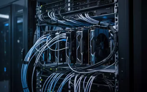 Ein Server-Rack in einem Rechenzentrum mit Fokus auf die Verkabelung von Hochleistungs-Beschleunigerkarten. - Foto: über boerse-global.de