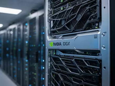 Ein NVIDIA DGX B200 Server-Rack in einem modernen Rechenzentrum, beleuchtet durch kühles, blaues Umgebungslicht. - Foto: über boerse-global.de