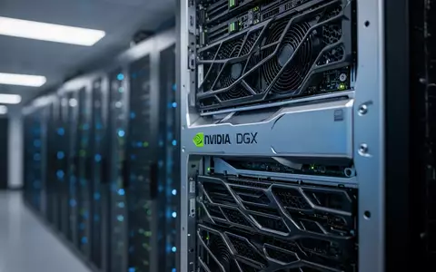 Ein NVIDIA DGX B200 Server-Rack in einem modernen Rechenzentrum, beleuchtet durch kühles, blaues Umgebungslicht. - Foto: über boerse-global.de