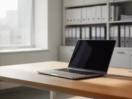 Ein heller, moderner Büroarbeitsplatz mit einem Laptop auf einem Schreibtisch als Symbol für digitale Verwaltung. - Foto: über boerse-global.de
