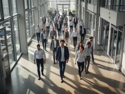 Eine vielfältige Gruppe von Beschäftigten in einem modernen Büroflur während eines Schichtwechsels. - Foto: über boerse-global.de