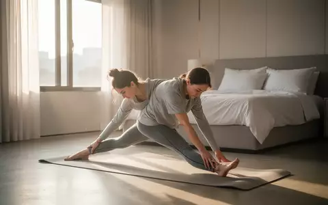 Eine Person führt in einem lichtdurchfluteten, modern eingerichteten Schlafzimmer morgendliche Dehnübungen auf einer Matte aus. - Foto: über boerse-global.de