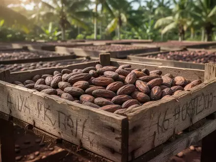 Nahaufnahme von rohen Kakaobohnen in einer Holzkiste auf einem sonnigen Trockenplatz. - Foto: über boerse-global.de