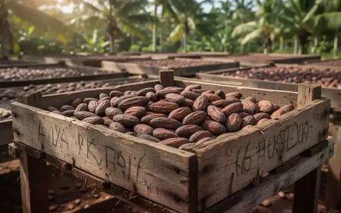Nahaufnahme von rohen Kakaobohnen in einer Holzkiste auf einem sonnigen Trockenplatz. - Foto: über boerse-global.de