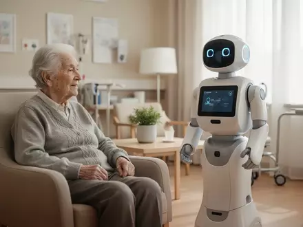 Ein Assistenzroboter interagiert mit einer älteren Person in einem hellen Seniorenzentrum. - Foto: über boerse-global.de