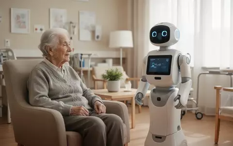 Ein Assistenzroboter interagiert mit einer älteren Person in einem hellen Seniorenzentrum. - Foto: über boerse-global.de