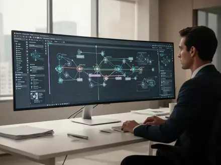 Ein moderner Arbeitsplatz mit einem großen Monitor, auf dem komplexe kreative Workflows und Zeitleisten zu sehen sind. - Foto: über boerse-global.de
