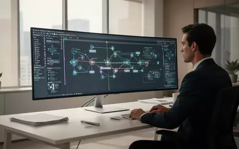 Ein moderner Arbeitsplatz mit einem großen Monitor, auf dem komplexe kreative Workflows und Zeitleisten zu sehen sind. - Foto: über boerse-global.de