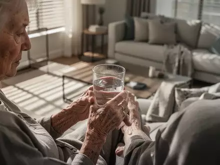 Eine ältere Person sitzt in einem sonnendurchfluteten Raum und hält ein Glas Wasser in der Hand. - Foto: über boerse-global.de