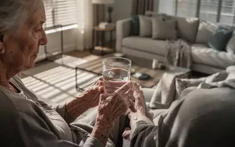 Eine ältere Person sitzt in einem sonnendurchfluteten Raum und hält ein Glas Wasser in der Hand. - Foto: über boerse-global.de