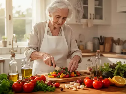 Eine ältere Person bereitet in einer hellen Küche eine gesunde Mahlzeit mit frischem Gemüse und Olivenöl zu. - Foto: über boerse-global.de