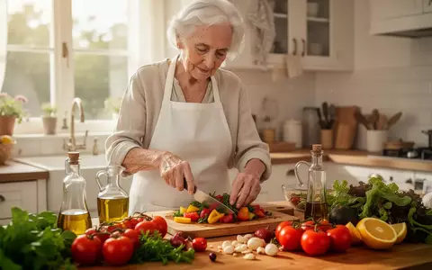 Eine ältere Person bereitet in einer hellen Küche eine gesunde Mahlzeit mit frischem Gemüse und Olivenöl zu. - Foto: über boerse-global.de