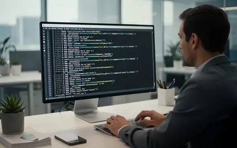 Ein IT-Experte arbeitet an einem Computerbildschirm mit komplexen Befehlszeilen in einem modern eingerichteten Büro. - Foto: über boerse-global.de