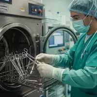 Medizinische Fachkraft bei der Bedienung eines Autoklaven zur Instrumentenaufbereitung in einem sterilen Krankenhausraum. - Foto: über boerse-global.de