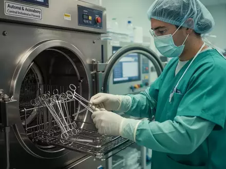 Medizinische Fachkraft bei der Bedienung eines Autoklaven zur Instrumentenaufbereitung in einem sterilen Krankenhausraum. - Foto: über boerse-global.de