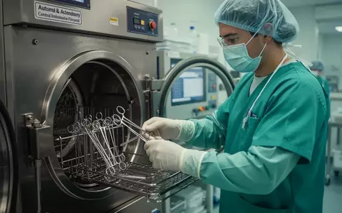 Medizinische Fachkraft bei der Bedienung eines Autoklaven zur Instrumentenaufbereitung in einem sterilen Krankenhausraum. - Foto: über boerse-global.de