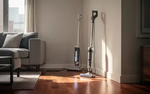 Ein moderner Stielstaubsauger steht in einem hellen, aufgeräumten Wohnzimmer auf einem Holzboden. - Foto: über boerse-global.de