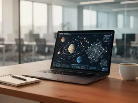 Moderner, minimalistischer Arbeitsplatz mit Laptop und Datenvisualisierungen in einer hellen Büroumgebung. - Foto: über boerse-global.de