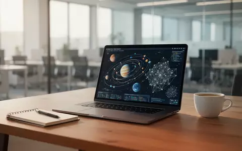 Moderner, minimalistischer Arbeitsplatz mit Laptop und Datenvisualisierungen in einer hellen Büroumgebung. - Foto: über boerse-global.de