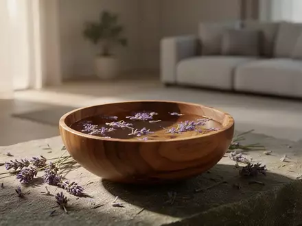Eine Schale mit warmem Wasser und Lavendelblüten in einem ruhigen, minimalistischen Raum zur Entspannung. - Foto: über boerse-global.de