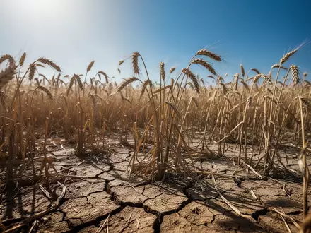 Ein ausgetrocknetes, rissiges Weizenfeld unter heißer Sommersonne verdeutlicht die Folgen der Dürre für die Landwirtschaft. - Foto: über boerse-global.de