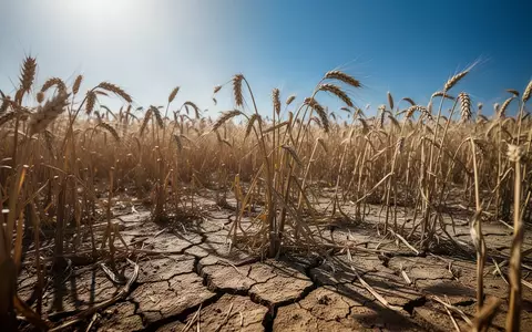 Ein ausgetrocknetes, rissiges Weizenfeld unter heißer Sommersonne verdeutlicht die Folgen der Dürre für die Landwirtschaft. - Foto: über boerse-global.de