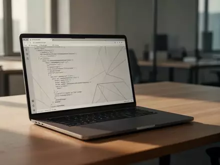 Ein moderner, aufgeräumter Arbeitsplatz mit einem Laptop, auf dessen Bildschirm abstrakte Programmiercodes zu sehen sind. - Foto: über boerse-global.de