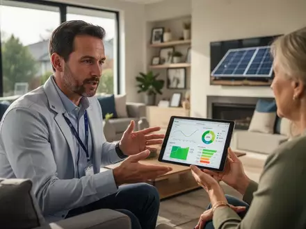 Ein Energieberater erklärt einem Hausbesitzer in einem hellen Wohnzimmer die technische Funktionsweise von Solaranlagen. - Foto: über boerse-global.de