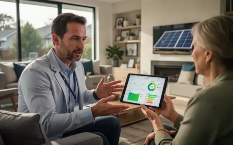 Ein Energieberater erklärt einem Hausbesitzer in einem hellen Wohnzimmer die technische Funktionsweise von Solaranlagen. - Foto: über boerse-global.de