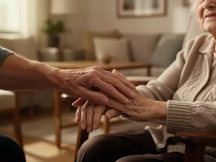 Nahaufnahme einer Hand, die sanft die Hand einer älteren Person hält, als Symbol für familiäre Unterstützung und Pflege. - Foto: über boerse-global.de