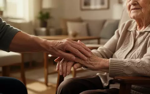 Nahaufnahme einer Hand, die sanft die Hand einer älteren Person hält, als Symbol für familiäre Unterstützung und Pflege. - Foto: über boerse-global.de
