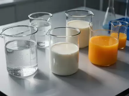 Verschiedene Gläser mit Wasser, Milch und Orangensaft auf einem Labortisch in natürlichem Licht. - Foto: über boerse-global.de