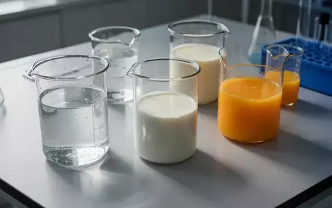 Verschiedene Gläser mit Wasser, Milch und Orangensaft auf einem Labortisch in natürlichem Licht. - Foto: über boerse-global.de