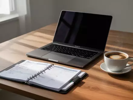 Ein aufgeräumter Schreibtisch mit Laptop und Notizbuch in hellem, natürlichem Licht als Symbol für effizientes Arbeiten. - Foto: über boerse-global.de