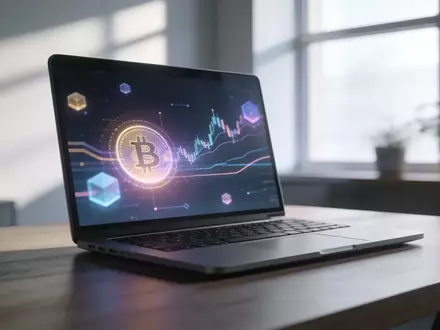 Ein moderner Arbeitsplatz mit einem Laptop, auf dem abstrakte Datenvisualisierungen zu Kryptowährungstrends zu sehen sind. - Foto: über boerse-global.de