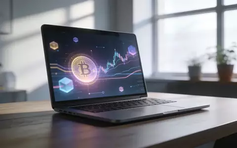 Ein moderner Arbeitsplatz mit einem Laptop, auf dem abstrakte Datenvisualisierungen zu Kryptowährungstrends zu sehen sind. - Foto: über boerse-global.de