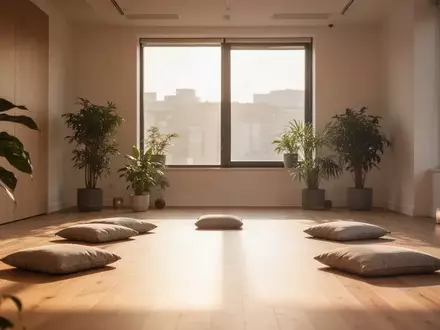 Ein heller, minimalistisch eingerichteter Coaching-Raum mit Bodenkissen und Pflanzen, der eine Atmosphäre der Ruhe ausstrahlt. - Foto: über boerse-global.de