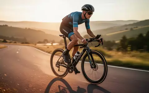 Ein Radfahrer in Sportkleidung trainiert auf einem Rennrad auf einer asphaltierten Straße bei Sonnenuntergang. - Foto: über boerse-global.de