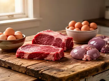 Rohe Fleischstücke und Eier auf einer rustikalen Holzküche bei natürlichem Lichteinfall. - Foto: über boerse-global.de