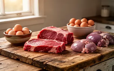 Rohe Fleischstücke und Eier auf einer rustikalen Holzküche bei natürlichem Lichteinfall. - Foto: über boerse-global.de