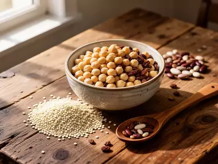 Eine Schale mit Kichererbsen und Hülsenfrüchten neben Quinoa auf einem Holztisch, beleuchtet durch natürliches Licht. - Foto: über boerse-global.de