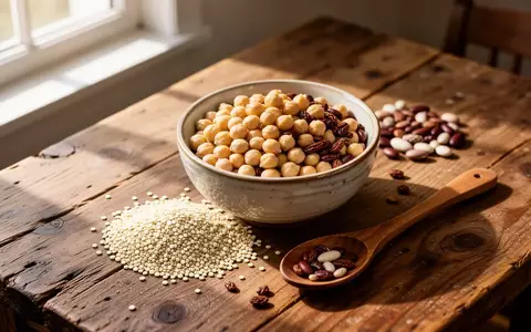 Eine Schale mit Kichererbsen und Hülsenfrüchten neben Quinoa auf einem Holztisch, beleuchtet durch natürliches Licht. - Foto: über boerse-global.de